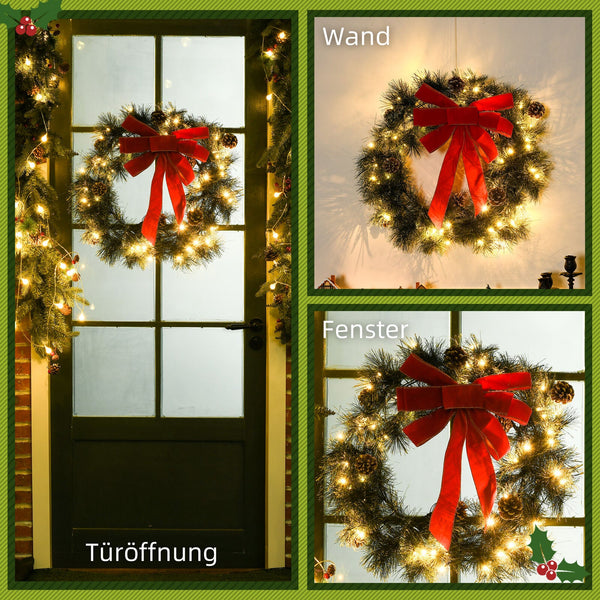 Tannenkranz Weihnachtskranz Künstlicher Türkranz mit LED und Schleife, 60 cm