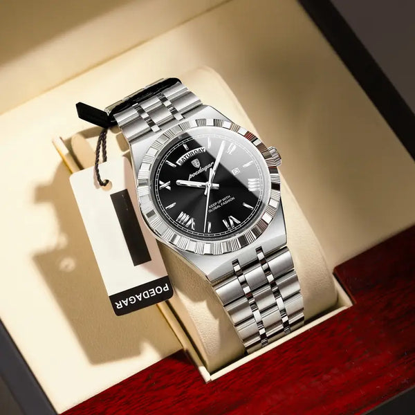 Elegante Herren-Armbanduhr, Stahlband. Mit Wochentag-Anzeige. 3 Modelle.