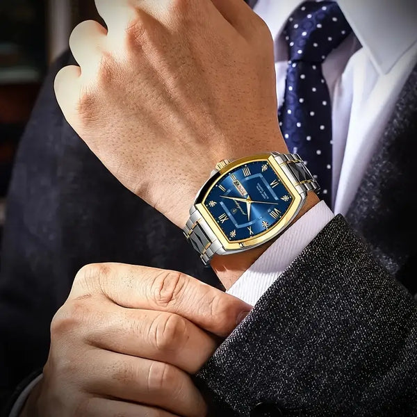 Elegante Uhr (Stahl/Gold  in klassischem Business‑Casual‑Stil mit markantem Tonneau‑Gehäuse