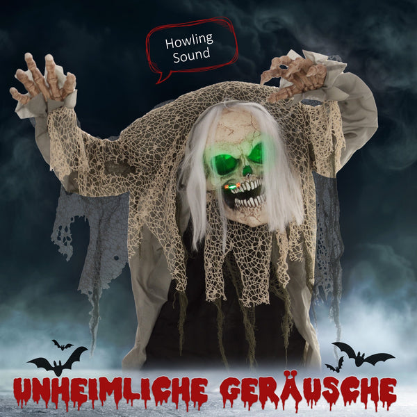 Animierte Halloween-Dekoration – Buckliger Skelettgeist mit Sound & LED, 160 cm
