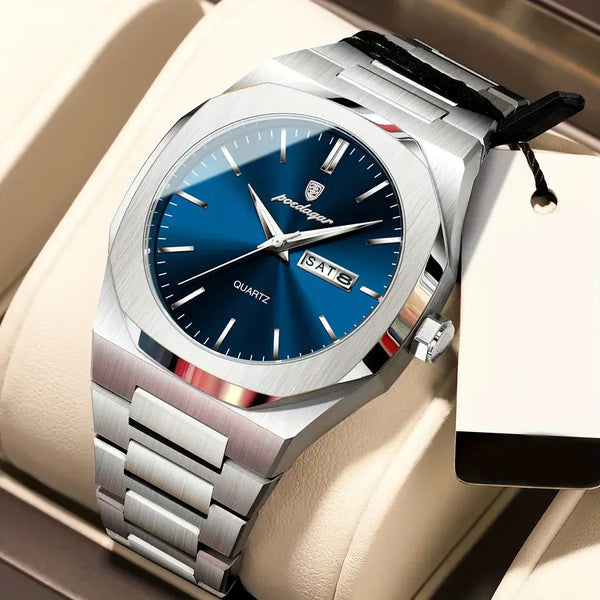 Elegante Herren-Armbanduhr, Stahlband mit blauem Ziffernblat.  Mit präzisem Quarzwerk