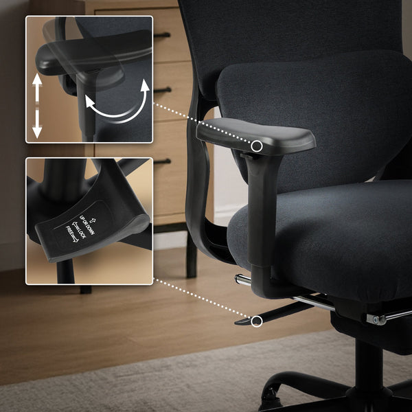 Bürostuhl LEES mit Fußablage, ergonomisch, Stoff, schwarz