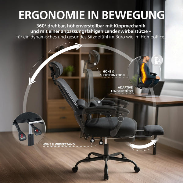 Bürostuhl LIBER, ergonomisch, mit Fußablage belastbar bis 150 kg