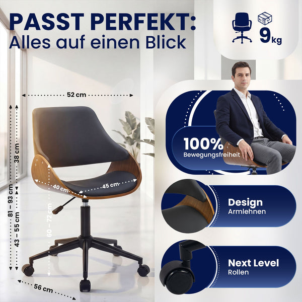 Bürostuhl SONTO, Walnuss-Holz, Leder schwarz