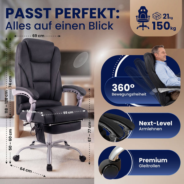 ECHTLEDER Bürostuhl mit Massagefunktionen PACIFICO mit Liegefunktion.