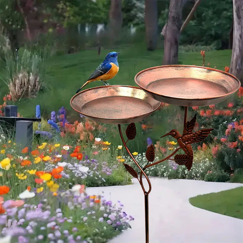 Antikes Doppel-Vogelbad aus Eisen – Rustikales Gartenornament mit 2 abnehmbaren Futterstellen und stabiler Dreifuß-Basis