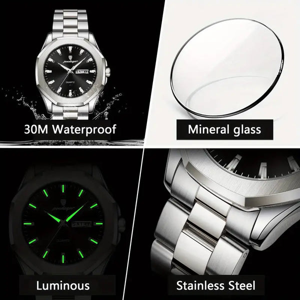 Edelstahl Herren Armbanduhr mit Achteck-Lünette. Verschiedene Ausführungen.