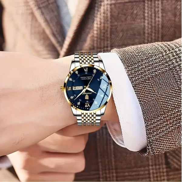 Herrenuhr Armbanduhr Stahl-Gold. Elegantes Design mit dunkelblauem Ziffernblatt