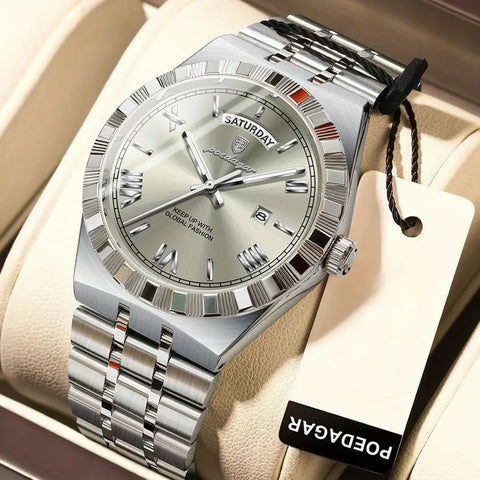 Elegante Herren-Armbanduhr, Stahlband. Mit Wochentag-Anzeige. 3 Modelle.