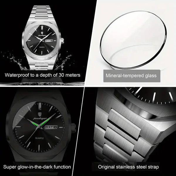 Elegante Herren-Armbanduhr, Stahlband mit schwarzem Ziffernblat.  Mit präzisem Quarzwerk