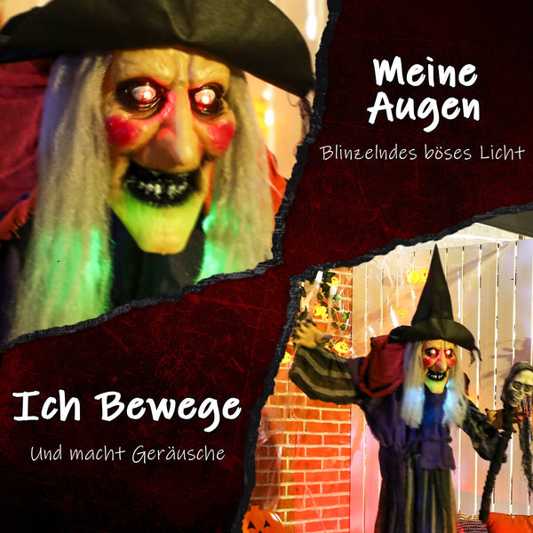 Animierte Halloween-Dekoration – Hexe mit Zepter, LED-Augen, Sound & Bewegung, 160
