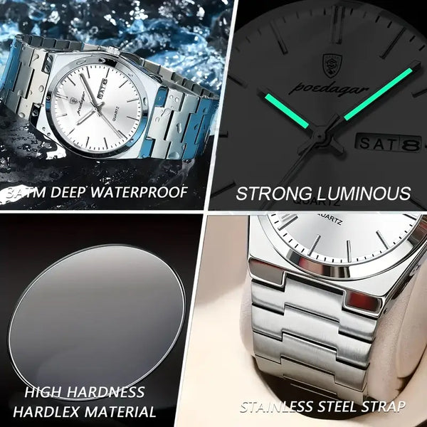 Elegante Herren-Armbanduhr, Stahlband mit weißem Ziffernblatt. 42mm Durchmesser