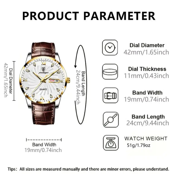 Herren-Armbanduhr extra flaches goldfarbenes Gehäuse mit braunem Leder-Armband.