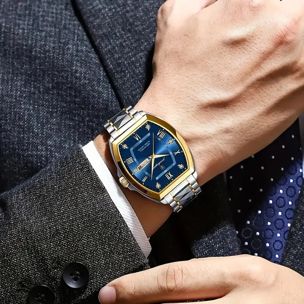 Elegante Uhr (Stahl/Gold  in klassischem Business‑Casual‑Stil mit markantem Tonneau‑Gehäuse