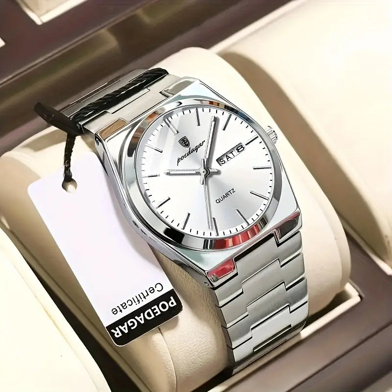 Elegante Herren-Armbanduhr, Stahlband mit weißem Ziffernblatt. 42mm Durchmesser