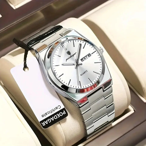 Elegante Herren-Armbanduhr, Stahlband mit weißem Ziffernblatt. 42mm Durchmesser