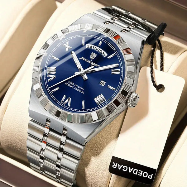 Elegante Herren-Armbanduhr, Stahlband. Mit Wochentag-Anzeige. 3 Modelle.