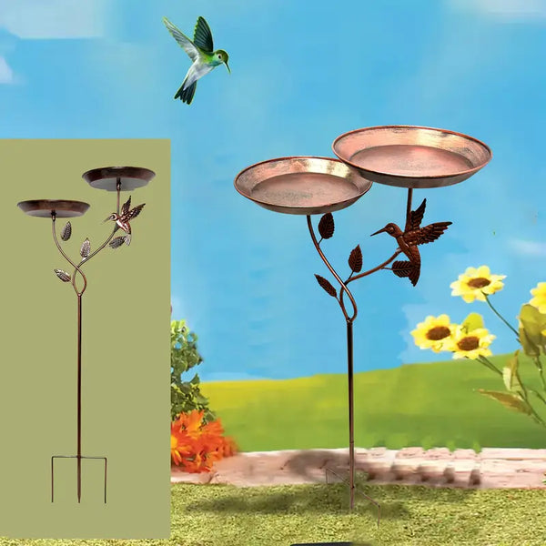 Antikes Doppel-Vogelbad aus Eisen – Rustikales Gartenornament mit 2 abnehmbaren Futterstellen und stabiler Dreifuß-Basis