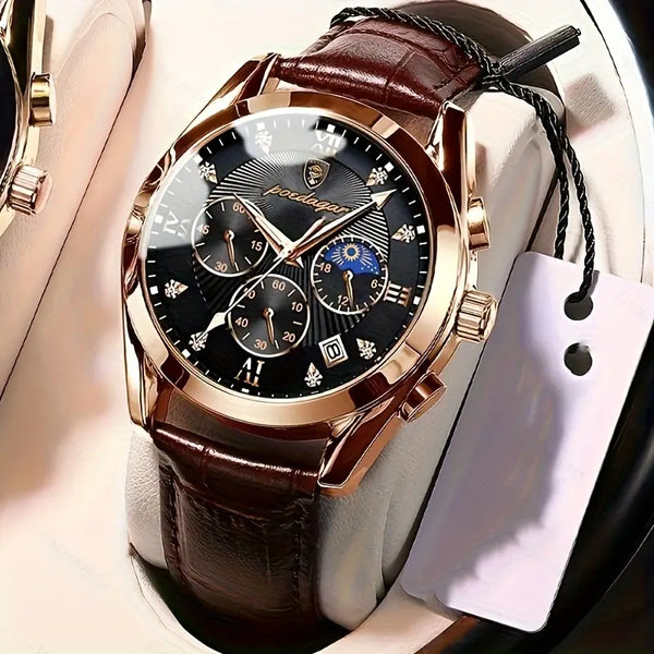 Herren-Armbanduhr goldfarbenes Gehäuse mit braunem Echtleder-Armband.