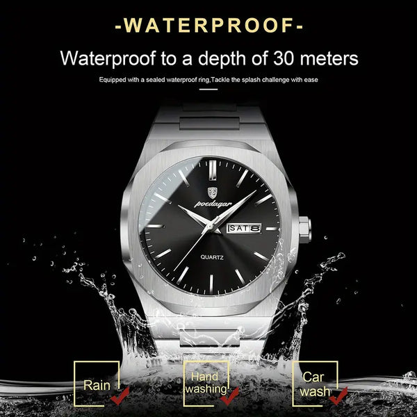 Elegante Herren-Armbanduhr, Stahlband mit schwarzem Ziffernblat.  Mit präzisem Quarzwerk