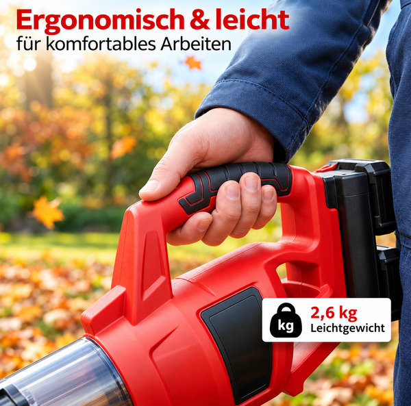 Akku Turbinen Laubbläser mit 40 Volt (2x 20V), 2x 2,0 Ah Lithium-Ionen Akku, 2 Stufen Drehzahlregulierung, hochwertiger Digital-Motor, Anti-Vibrationsgriff, incl. Akkus und Schnell-Ladegerät