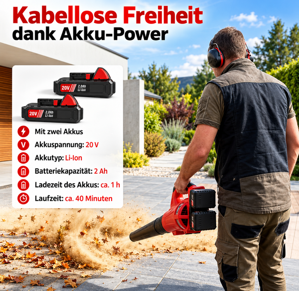 Akku Turbinen Laubbläser mit 40 Volt (2x 20V), 2x 2,0 Ah Lithium-Ionen Akku, 2 Stufen Drehzahlregulierung, hochwertiger Digital-Motor, Anti-Vibrationsgriff, incl. Akkus und Schnell-Ladegerät