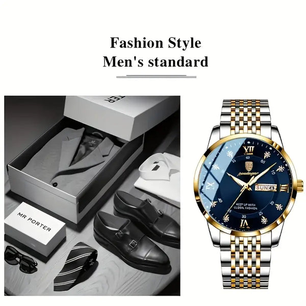 Herrenuhr Armbanduhr Stahl-Gold. Elegantes Design mit dunkelblauem Ziffernblatt