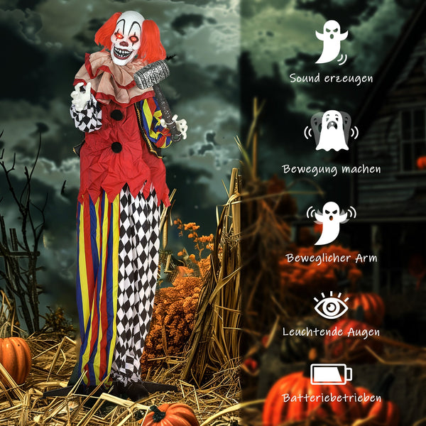 Animierte Halloween-Dekoration – Riesen-Clown mit Hammer, LED-Augen & Sound, 173 cm