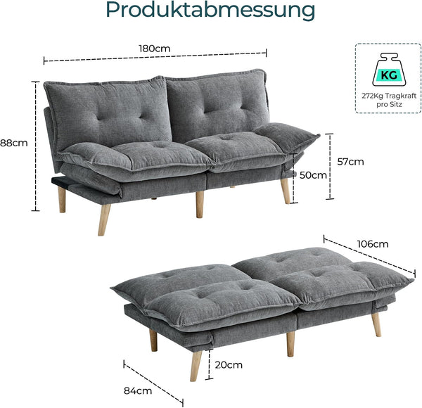 Bettsofa 3-Sitzer mit Schlaffunktion, Klappsofa, Schlafsofa mit Rückenlehne & Armlehnen. Bettfunktion