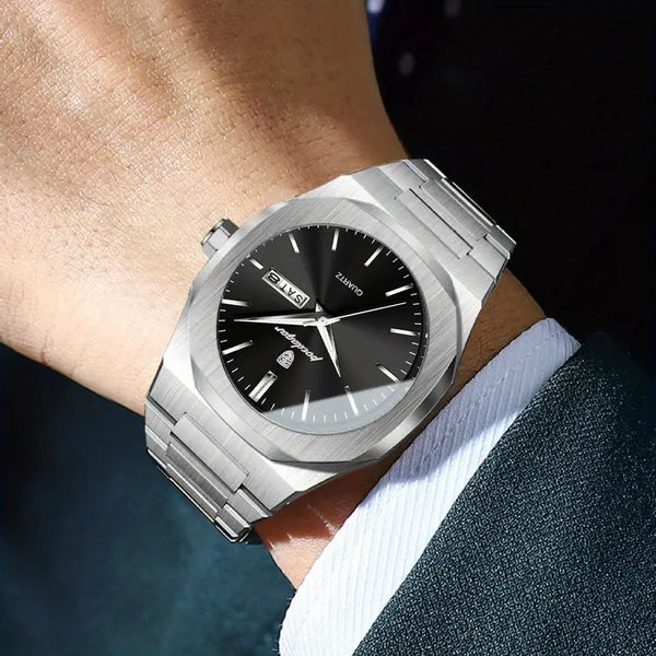 Elegante Herren-Armbanduhr, Stahlband mit schwarzem Ziffernblat.  Mit präzisem Quarzwerk