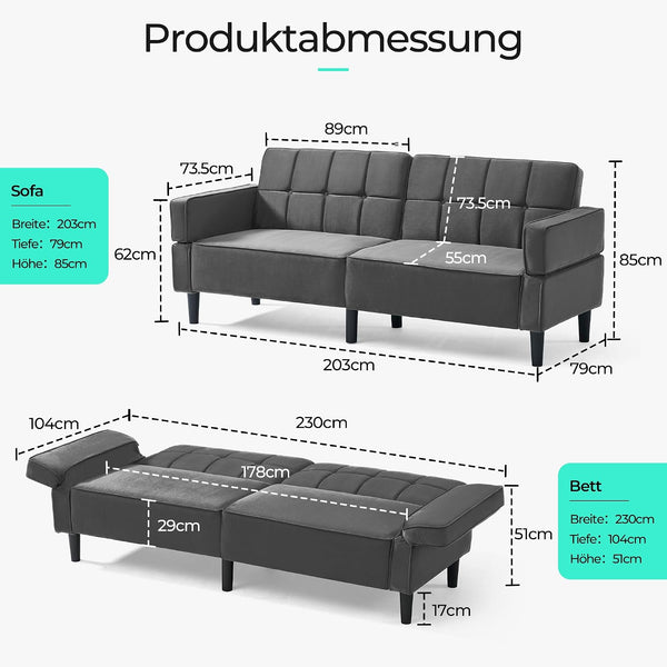 Sofa 3-Sitzer mit Schlaffunktion, Klappsofa, Schlafsofa mit verstellbarer Rückenlehne & Armlehnen. Bettfunktion.