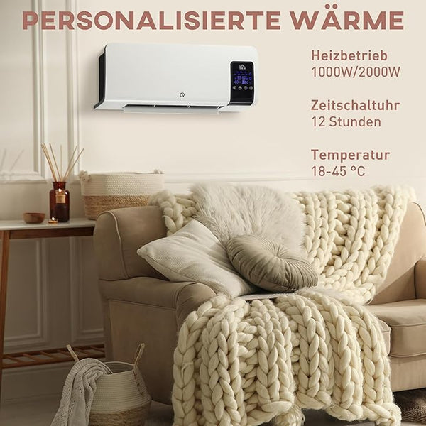 Heizlüfter zur Wandmontage 2000 W – Keramik-Wandheizung mit Fernbedienung, 2 Leistungsstufen
