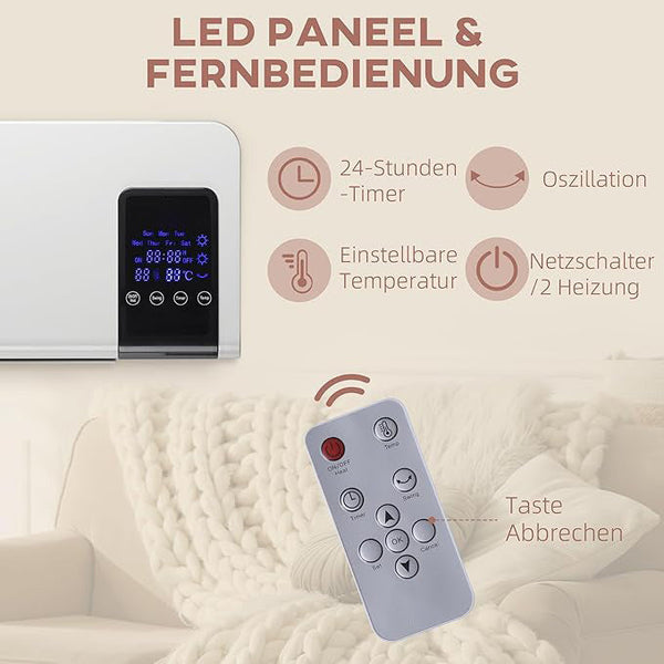 Heizlüfter zur Wandmontage 2000 W – Keramik-Wandheizung mit Fernbedienung, 2 Leistungsstufen