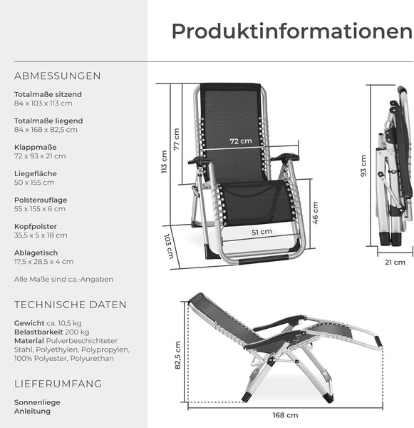 Sonnenliege Luxus klappbar, Liegestuhl, Gartenliege stufenlos verstellbar, Outdoor Sessel für Balkon oder Garten, Liege mit extra Dicker Auflage, Relaxliege belastbar bis 200kg - schwarz oder grau