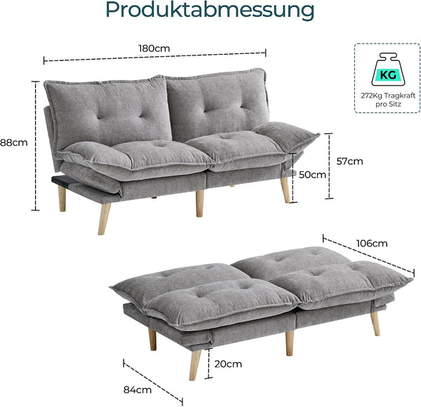 Bettsofa 3-Sitzer mit Schlaffunktion, Klappsofa, Schlafsofa mit Rückenlehne & Armlehnen. Bettfunktion