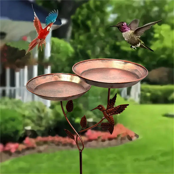 Antikes Doppel-Vogelbad aus Eisen – Rustikales Gartenornament mit 2 abnehmbaren Futterstellen und stabiler Dreifuß-Basis