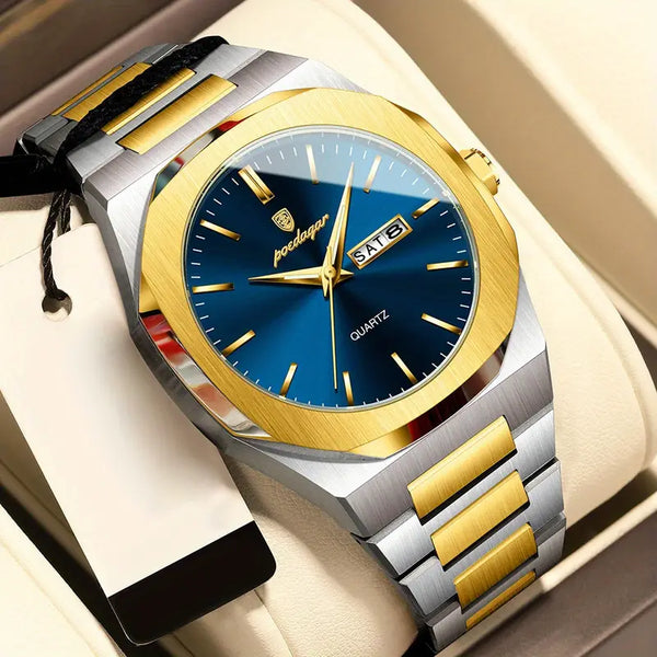 Stahl-Gold Elegante Herren-Armbanduhr, Stahlband mit blauem Ziffernblatt. 42mm Durchmesser