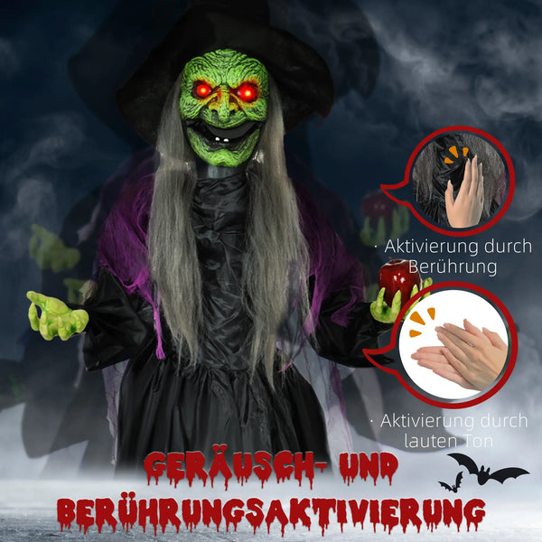 Lebensgroße Halloween-Hexe mit Giftapfel, Soundfunktion, mit Bewegungssensor und LED-Lichtern, 180 cm