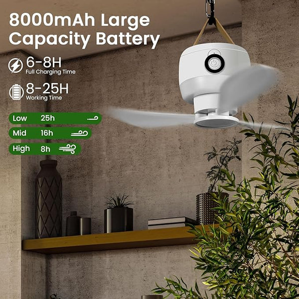 Mobiler Akku-Deckenventilator mit LED und Fernbedienung – 8000 mAh Akku