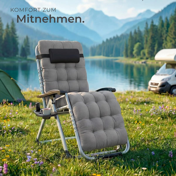 Sonnenliege Luxus klappbar, Liegestuhl, Gartenliege stufenlos verstellbar, Outdoor Sessel für Balkon oder Garten, Liege mit extra Dicker Auflage, Relaxliege belastbar bis 200kg - schwarz oder grau