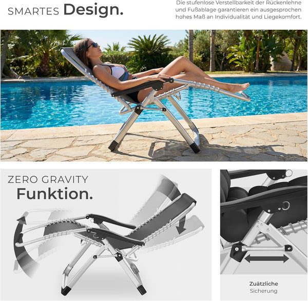 Sonnenliege Luxus klappbar, Liegestuhl, Gartenliege stufenlos verstellbar, Outdoor Sessel für Balkon oder Garten, Liege mit extra Dicker Auflage, Relaxliege belastbar bis 200kg - schwarz oder grau