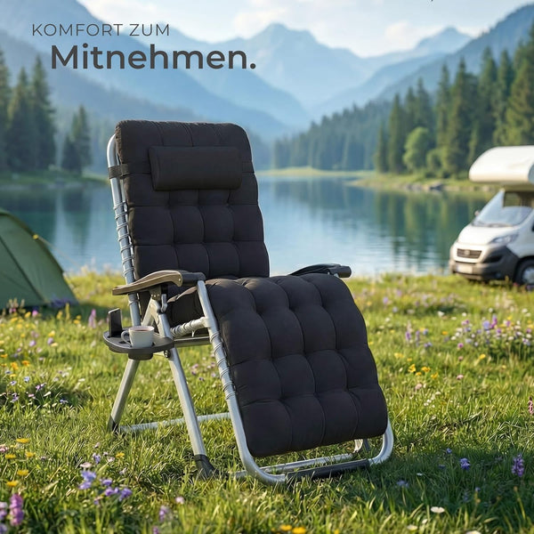 Sonnenliege Luxus klappbar, Liegestuhl, Gartenliege stufenlos verstellbar, Outdoor Sessel für Balkon oder Garten, Liege mit extra Dicker Auflage, Relaxliege belastbar bis 200kg - schwarz oder grau