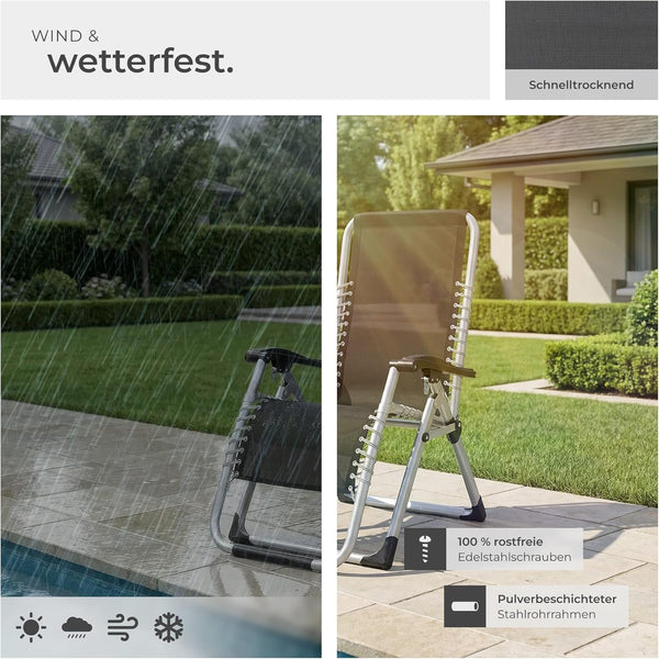 Sonnenliege Luxus klappbar, Liegestuhl, Gartenliege stufenlos verstellbar, Outdoor Sessel für Balkon oder Garten, Liege mit extra Dicker Auflage, Relaxliege belastbar bis 200kg - schwarz oder grau