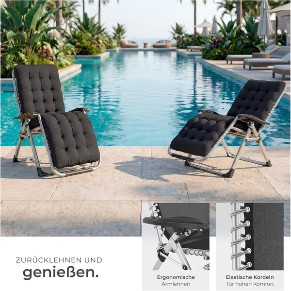 Sonnenliege Luxus klappbar, Liegestuhl, Gartenliege stufenlos verstellbar, Outdoor Sessel für Balkon oder Garten, Liege mit extra Dicker Auflage, Relaxliege belastbar bis 200kg - schwarz oder grau