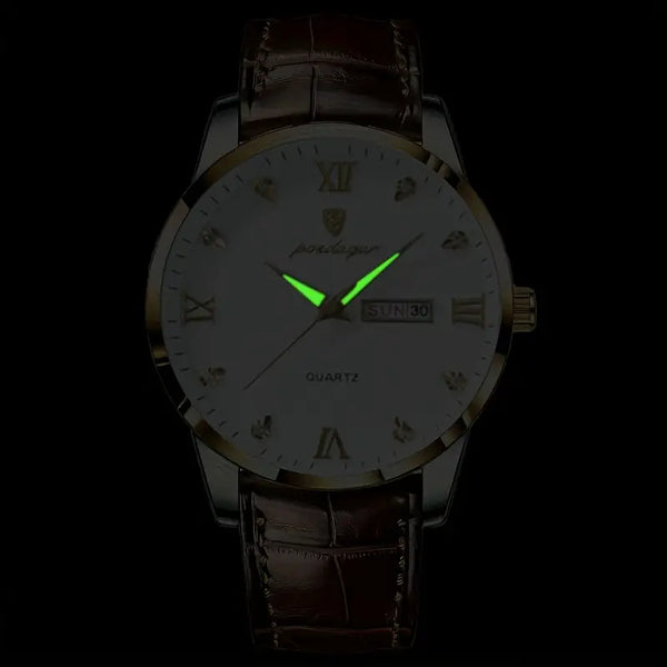 Herren-Armbanduhr extra flaches goldfarbenes Gehäuse mit braunem Leder-Armband.