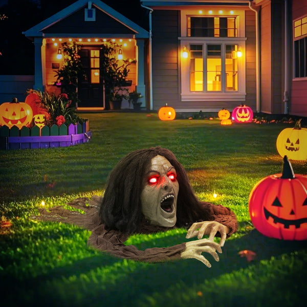 Halloween Dekoration kriechende Zombi-Oma, LED-Lichter und Soundfunktion, 140 cm