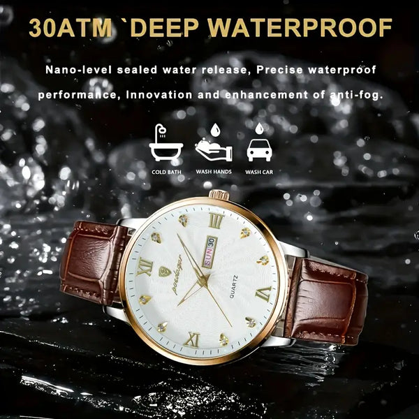 Herren-Armbanduhr extra flaches goldfarbenes Gehäuse mit braunem Leder-Armband.