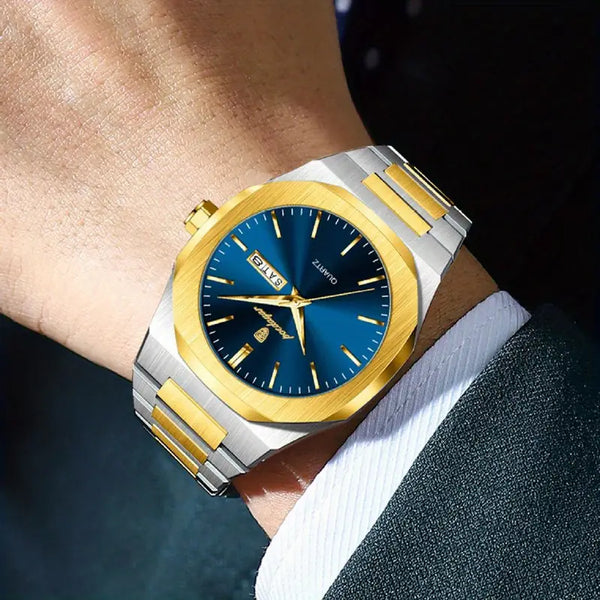Stahl-Gold Elegante Herren-Armbanduhr, Stahlband mit blauem Ziffernblatt. 42mm Durchmesser