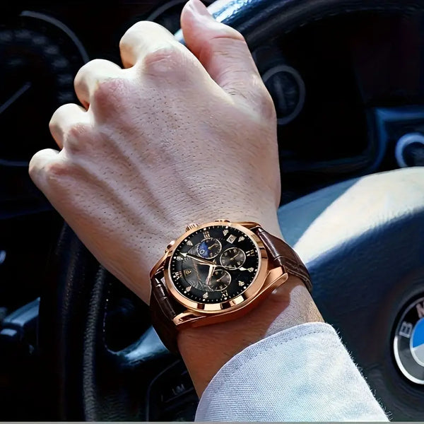 Herren-Armbanduhr goldfarbenes Gehäuse mit braunem Echtleder-Armband.