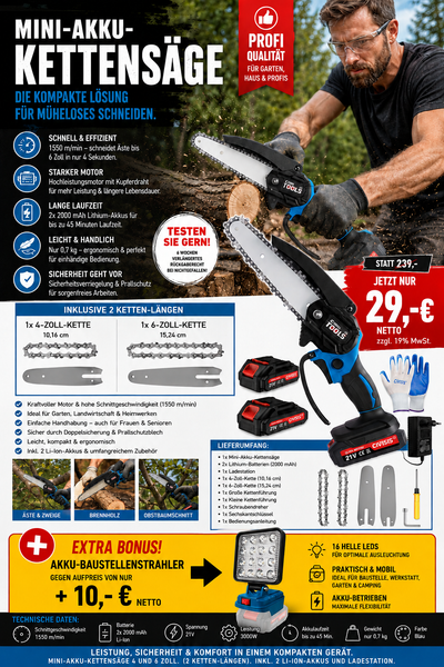 Extrem helle professionelle Akku-LED-Arbeitsleuchte 7 Zoll – 59 LEDs / 180 W. Passend zu unseren Akkus.